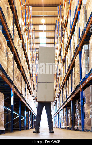 Arbeiter halten Kisten im Lager Stockfoto