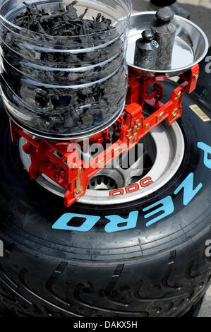 Eine Skala zeigt, dass der Gewichtsverlust über einen Pirelli-Reifen in so genannte "Toffees" auf der Koppel auf dem Istanbul Park Circuit, außerhalb der Istanbul, Türkei, 8. Mai 2011. Foto: David Ebener Stockfoto