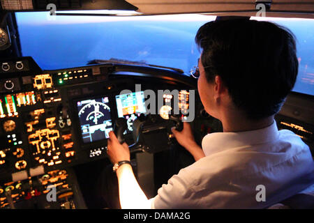 Wirtschaft Bundesminister Philipp Roesler sitzt im Cockpit der Herausforderung der Bundeswehr militärischer Luftfahrzeuge auf dem Sitz des Copiloten während seiner hin-und Rückflug von Moskau nach Berlin, 31. Mai 2011. Roesler, hält eine Fluglizenz Segelflugzeug und Motorsegler, fliegen hoch interessiert.     Wirtschaftsminister Roesler war bei einem eintägigen Besuch in Moskau und der russischen Fede Stockfoto