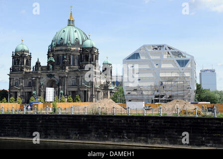 Die so genannte Humboldt-Box (R) ist sichtbar neben der Berliner Dom (L) am Schlossplatz in Berlin, Deutschland, 9. Juni 2011. Menschen können Informationen über den Wiederaufbau des Berliner Schlosses an der Humboldt-Box zu suchen. Foto: Jörg Carstensen Stockfoto