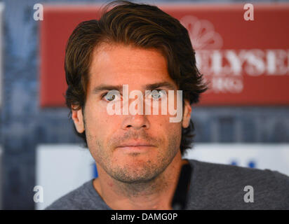 Hamburg, Deutschland. 16. Juli 2013. Deutscher Tennisspieler Tommy Haas gibt eine Pressekonferenz auf der ATP-Turnier in Hamburg, Deutschland, 16. Juli 2013. Foto: AXEL HEIMKEN/Dpa/Alamy Live News Stockfoto