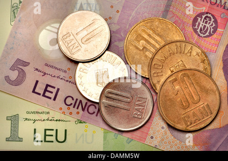 Rumänischen Banknoten und Münzen Stockfoto