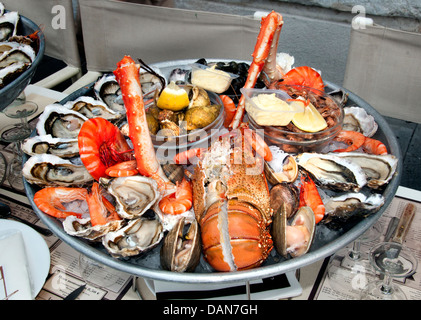 Fruits de Mer französische Meeresfrüchte Austern Garnelen Hummer Immergrün Krabben Garnelen Scampi Muscheln Muscheln Muscheln Stockfoto