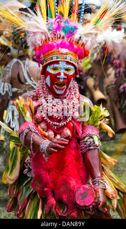 Frau tanzt mit ihr Gesicht gemalt, tragen Muscheln und Tierhäute, Goroka Show, Papua-Neu-Guinea Stockfoto