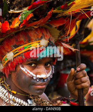 Junge Frau mit ihrem Gesicht gemalt und tragen eine Feder Kopfschmuck und Tierhäute, Goroka Festival, Papua-Neu-Guinea Stockfoto