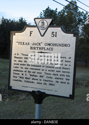 TEXAS JACK OMOHUNDRO Geburtsort J. B. "Texas Jack" Omohundro wurde ca. 1 Meile westlich von hier am 26. Juli 1846 im Vergnügen Hill Farm geboren. Im Alter von 17 Jahren war er als Scout unter dem Kommando von General J.E.B. Stuart. Später war er bekannt als ein Scout und heroische Plainman des alten Westens. Texas Jack mit seinem Freund W. F. "Buffalo Bill" Cody begann in Amerika die ersten "Wilden Westen" zeigt. Er starb in Leadville, Colorado, 28. Juni 1880. Department of Conservation and historische Ressourcen, 1988 Stockfoto