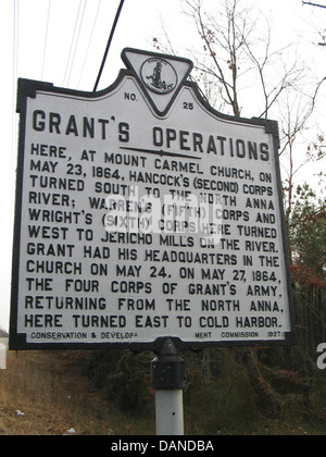 GRANTs Vorgänge hier auf Mount Carmel Church, 23. Mai 1864, Hancocks (zweiten) Korps eingeschaltet Süd bis zum North Anna River; Warrens (fünften) Corps und Wrights (sechste) Corps hier Westen wandte sich Jericho Mühlen am Fluss. Grant hatte sein Hauptquartier in der Kirche am 24. Mai. Am 27. Mai 1864, die vier Korps der Grants Armee, Rückkehr von North Anna, wandte sich hier Osten an Cold Harbor. Erhaltung & Development Commission, 1927 Stockfoto