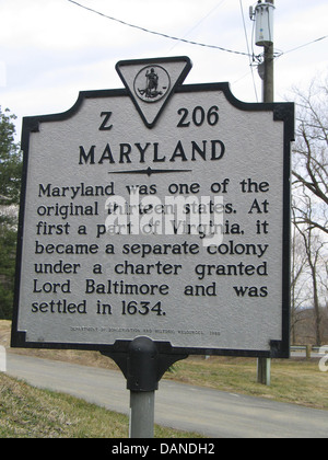 MARYLAND Maryland war eines der Orginial dreizehn Staaten. Zuerst ein Teil von Virginia es wurde eine separate Kolonie unter einer Urkunde Lord Baltimore und wurde im Jahre 1634 besiedelt. Department of Conservation and historische Ressourcen, 1986 Stockfoto