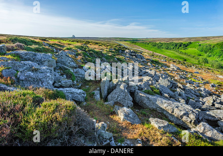 North York Moors National Park mit Steinen aus der Jura- und RAF Fylingdales am Horizont in der Nähe von Goathland, Yorkshire, Großbritannien. Stockfoto