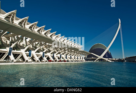 Valencias Stadt der Künste und Wissenschaften mit Prinz Felipe Museum der Wissenschaft an Links und Hemisferic Hängebrücke und Agora. Stockfoto