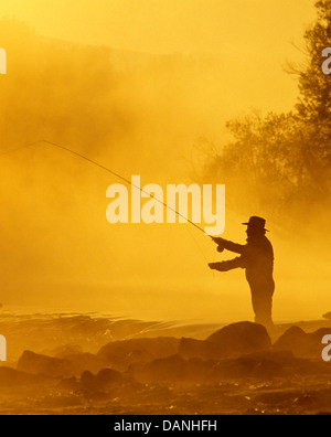 Fliegen Sie Fischer casting bei Sonnenaufgang früh am Morgen auf der Boise River, Stadt von Boise, Idaho Stockfoto