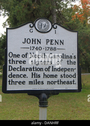 JOHN PENN 1740-1788 eines North Carolina drei Unterschriften von der Declaration of Independence. Seinem Haus standen drei Meilen nordöstlich. Division of Archives and History, 1986 Stockfoto