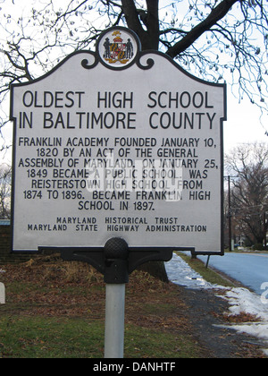 ÄLTESTE HIGH SCHOOL IN BALTIMORE COUNTY Franklin Academy gegründet 10. Januar 1820 durch einen Akt der Generalversammlung Marlyand. Am 25. Januar 1849 wurde eine öffentliche Schule. Reisterstown High School war von 1874 bis 1896. Wurde Franklin High School im Jahre 1897. Maryland historische Vertrauen Stockfoto