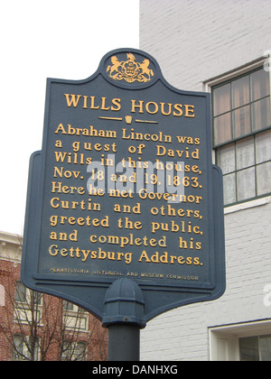 WILLS Haus Abraham Linconl war Gast von David Wills in diesem Haus, November 18 und 19, 1863. Hier traf er Gouverneur Curtin und andere, begrüßt das Publikum und seiner Gettysburg Address abgeschlossen. Pennsylvania historisch und Museum Commission Stockfoto