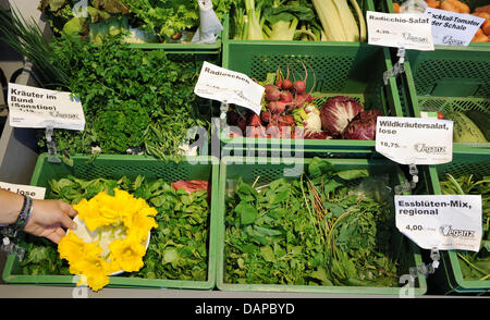 Das Sortiment der erste vegane Supermarkt Europas "Veganz" ist in der Schivelbeiner Straße in Berlin-Prenzlauer Berg, Deutschland, 9. August 2011 abgebildet. Der Markt bietet 6.000 Produkte aus mehr als 70 Unternehmen weltweit. Foto: Jens Kalaene Stockfoto