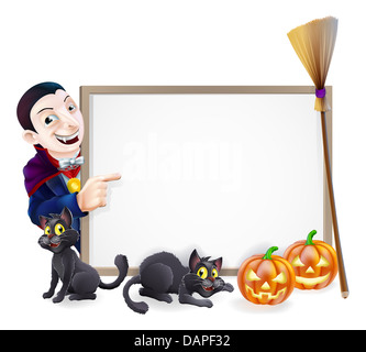 Halloween Schild mit orange Halloween-Kürbisse und schwarze Hexe Katzen, die Hexenbesen kleben und Dracula Vampir Comicfigur Stockfoto