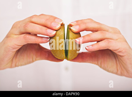 Weibliche Hand, die zwei Abschnitte der geschnittenen Kiwis Stockfoto