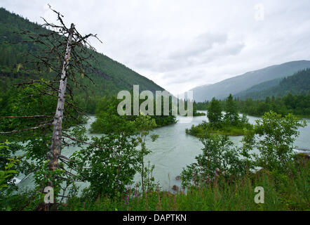 Die eiskalten See Svartisvatnet wird gesehen, die durch Schmelzwasser der Gletscher in der Nähe der norwegischen Stadt Mo ich Rana, Norwegen, 18. Juli 2011 gespeist wird. Saltfjell Svartisen Nationalpark umfasst eine sehr abwechslungsreiche und kontrastreichen Landschaft aus Fjord Bereiche zu fruchtbaren Hochtäler und Kalkstein-Höhlen, der größte Gletscher in Nordskandinavien, der Svartisen. Foto: Patrick Pleul Stockfoto