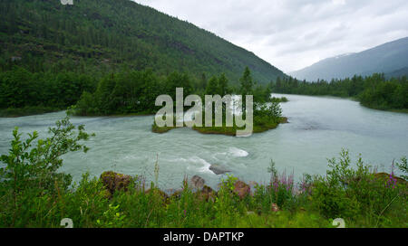 Die eiskalten See Svartisvatnet wird gesehen, die durch Schmelzwasser der Gletscher in der Nähe der norwegischen Stadt Mo ich Rana, Norwegen, 18. Juli 2011 gespeist wird. Saltfjell Svartisen Nationalpark umfasst eine sehr abwechslungsreiche und kontrastreichen Landschaft aus Fjord Bereiche zu fruchtbaren Hochtäler und Kalkstein-Höhlen, der größte Gletscher in Nordskandinavien, der Svartisen. Foto: Patrick Pleul Stockfoto