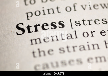 Gefälschte Wörterbuch, Wörterbuch-Definition des Wortes Stress. Stockfoto