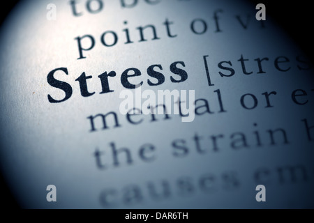 Gefälschte Wörterbuch, Wörterbuch-Definition des Wortes Stress. Stockfoto