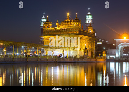 Amritsar Punjab, Indien. Golden Temple nachts beleuchtet Stockfoto