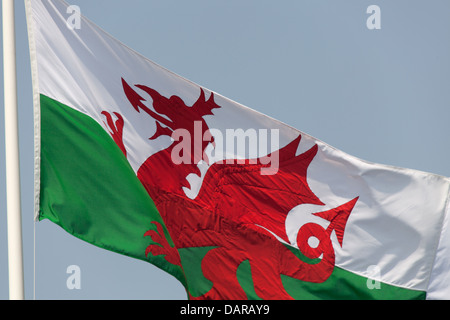 Stadt von Harlech, Wales.  Nahaufnahme von Red Dragon Welsh-Flagge über Harlech Castle Torhaus. Stockfoto