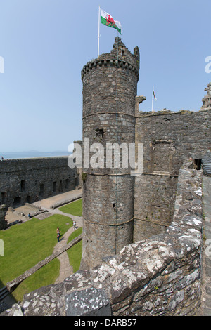 Stadt von Harlech, Wales.  Erhöhte Sicht von Harlech Castle Burghof mit dem südlichen Torhaus Turm im Vordergrund. Stockfoto