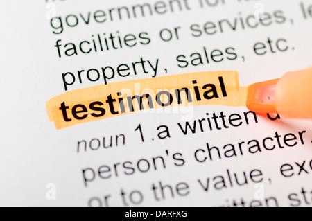 Testimonial hervorgehoben im Wörterbuch Stockfoto