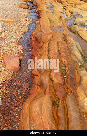 Spittal Strand Sandstein Gesteinsschichten bedeckt in Eisenerz. Spittal, Berwick nach Tweed, Northumberland, England Stockfoto