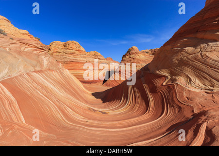 Felsformationen in den North Coyote Buttes, Teil der Vermilion Cliffs National Monument. Dieser Bereich ist auch bekannt als The Wave. Stockfoto