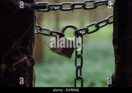 Ein Vorhängeschloss und Kette Torwand locker die zu einem verlassenen Gebäude Stockfoto