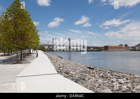 Die Queensboro Bridge und East River gesehen von Roosevelt Island in New York City Stockfoto