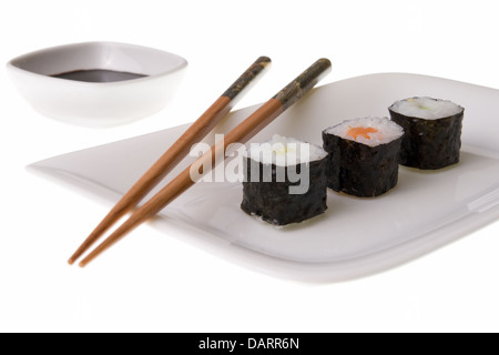 Drei Makizushi sushirolls Stockfoto