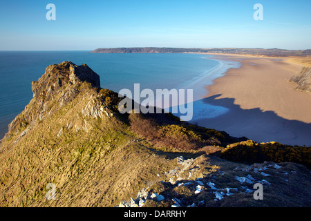 Blick vom großen Tor, Three Cliffs Bay, Blick nach Westen über Oxwich Bucht, Halbinsel Gower, Wales Stockfoto