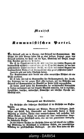 Politik, 'das Manifest der kommunistischen Partei', 1847 - 1848, von Karl Marx (1818 - 1883), Friedrich Engels (1820 - 1895), erste Seite, 'EIN Gespenst spukt Europa', Erstausgabe, London, Februar 1848, Zusatzrechte-Clearences-nicht verfügbar Stockfoto