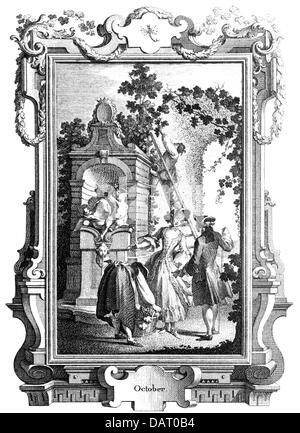 Kalender monat Bild, Oktober, Kupferstich von Johannes Esaias Nilson, Augsburg, ca. 1750, Artist's Urheberrecht nicht geklärt zu werden. Stockfoto