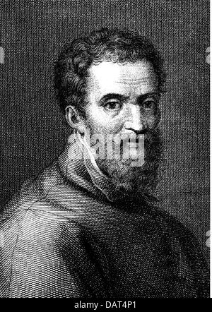 Michelangelo, 6.3.1475 - 18.2.1564), italienischer Künstler (Bildhauer, Maler), Porträt, auf Malerei auf Basis von Giorgio Vasari (1511-1574), Kupferstich von G. Cantini, circa 1600, Artist's Urheberrecht nicht gelöscht werden Stockfoto