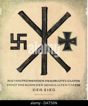 Nationalsozialismus / Nationalsozialismus, Embleme, Rune (H), Hakenkreuz, Eisernes Kreuz, Propagandaplakat von Friedrich Kremer, München, mit einem Slogan von Gerhard Schumann, um 1942, Zusatzrechte-Clearences-nicht vorhanden Stockfoto