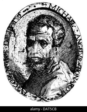 Michelangelo Buonarroti, 6.3.1475 - 18.2.1564, italienischer Künstler (Bildhauer, Maler), Porträt, basierend auf zeitgenössischer anonymer Radierung, Holzgravur, 19. Jahrhundert, Stockfoto