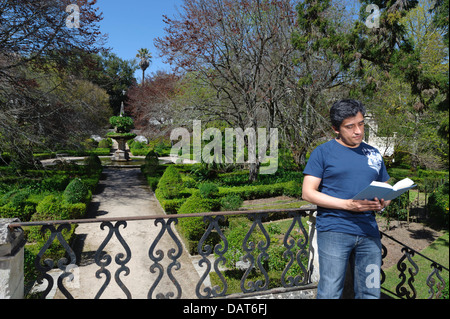 Mann liest ein Buch im park Stockfoto