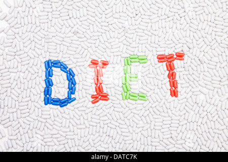 Diät-Word-Text von Tabletten und Pillen Medikamente in verschiedenen Farben als Mosaik zusammen gemacht Stockfoto