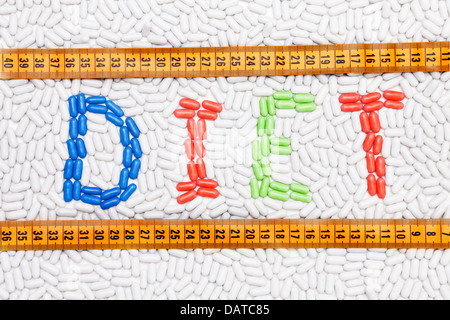 Diät-Word-Text gemacht von Tabletten und Pillen Medikamente in verschiedenen Farben, die zusammen als Mosaik mit Zentimeter-Linien Stockfoto