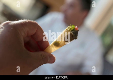 Pre-Starter oder Mise En Bouche im 3 Sterne Michelin Restaurant & Jacques Régis Marcon. St-Bonnet-le-Froid. Haute-Loire. Frankreich Stockfoto