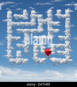 Himmel ist das Limit-Konzept mit einem roten Heißluftballon fliegen bis in den Himmel, die Navigation durch eine Gruppe von Gewitterwolken in Form eines Puzzles Irrgarten oder Labyrinth als Symbol des Leadership-Strategie und Erfolgsplanung. Stockfoto