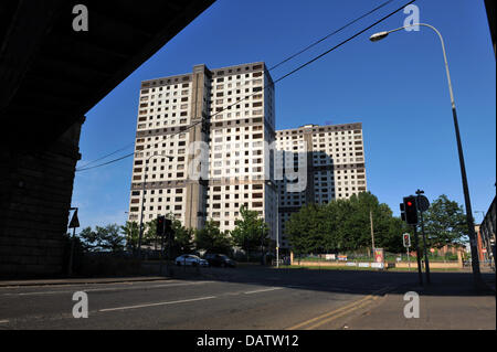 Hochhäuser an Sandiefield Road, Gorbals, Glasgow, für den Abriss vorbereitet. Stockfoto