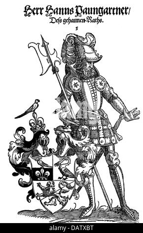Heraldik, Wappen, Bürgerwappen, Deutschland, Wappen des Ratsherren Hans Baumgartner, Holzschnitt Christoph Weiditz, Augsburger Geschlechterbuch von Paul Hektor Mair, Augsburg, 1550, Hanns Paungartner, Patrizier, Ratsherr, Ritterrüstung, Bürger, Reichsstadt, 16. Jahrhundert, , Zusatzrechte-Clearenzen-nicht vorhanden Stockfoto