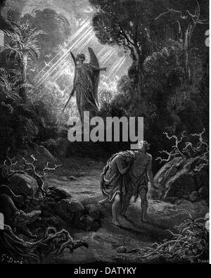 Religion, biblische Szenen, Adam und Eva, "Die Vertreibung aus dem Paradies", Holzstich zur Bibel von Gustave Doré, 1866, Artist's Urheberrecht nicht gelöscht werden Stockfoto