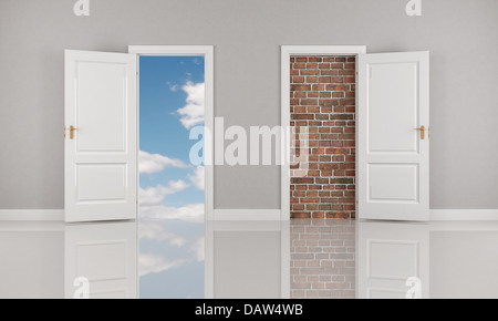 Ziegel-Wand und den blauen Himmel hinter zwei weiße Tür öffnen - Rendering Stockfoto