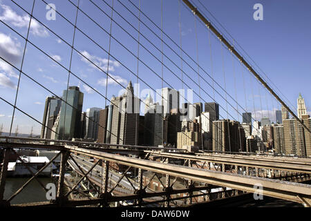 Die Skyline von Manhattan im Bild von der Brooklyn Bridge in New York, NY, USA, 29. Januar 2007. Die Brücke zwischen 1869 und 1883 erbaut verbindet die Viertel Manhattan und Brooklyn über den East River überspannt. Foto: Andreas Gebert Stockfoto